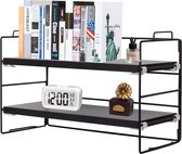 bureauplank, 2 lagen zwart met geverfd metalen frame en originele teakhouten bureauplank, multifunctionele boekenplank, opbergplank voor bureau, kantoor en leeskamer