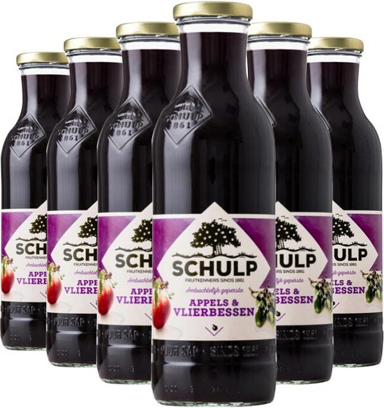 Groep flessen Schulp appelsap met vlierbessen, met paarse labels waarop een boom en fruitafbeeldingen staan.