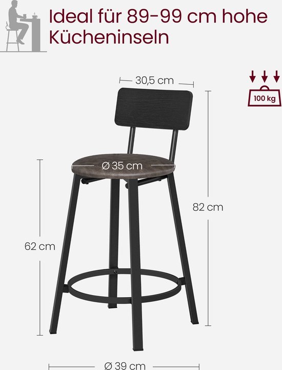 Barhocker 2er-Set mit Rückenlehne, Barstühle mit PU-Lederpolsterung, Küchenstühle mit Fußstütze, für Küche, Wohnzimmer, Bar, einfache Montage, HOOBRO EBF31BY01G1