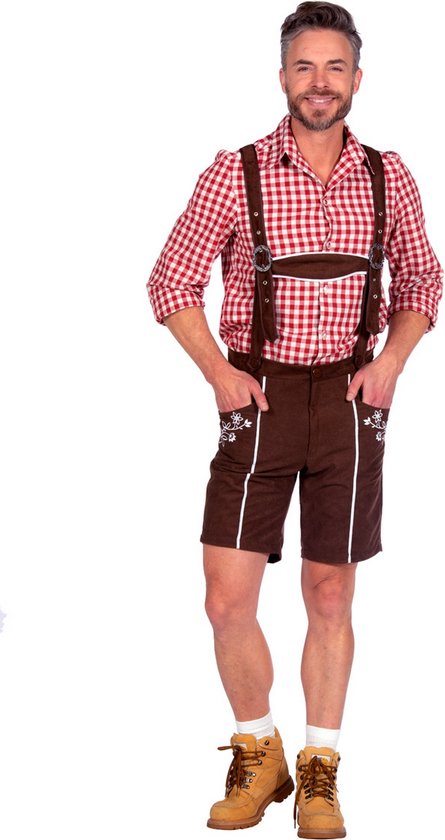 Wilbers & Wilbers - Boeren Tirol & Oktoberfest Kostuum - Drie Twee Een Zoepen Lederhose Bruin Man - Bruin - Large - Bierfeest - Verkleedkleding