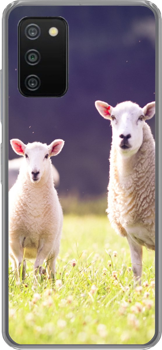 Telefoonhoesje Geschikt voor Samsung Galaxy A03s hoesje - Schapen - Lam - Bloemen - Siliconen Telefoonhoesje Telefoonhoesje
