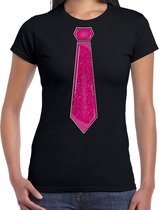 Bellatio Decorations Verkleed shirt dames - stropdas glitter roze - zwart - carnaval - foute party XXL