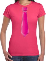 Bellatio Decorations Verkleed t-shirt voor dames - stropdas roze - roze - carnaval - foute party S