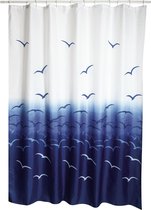 MSV Douchegordijn met ringen - wit/blauw - vogels print - Polyester - 180 x 200 cm - wasbaar - Voor bad en douche
