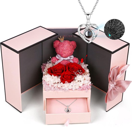 Roses avec un collier en boîte - Collier coeur - Cadeau pour Cheveux - Rose éternelle - Saint-Valentin