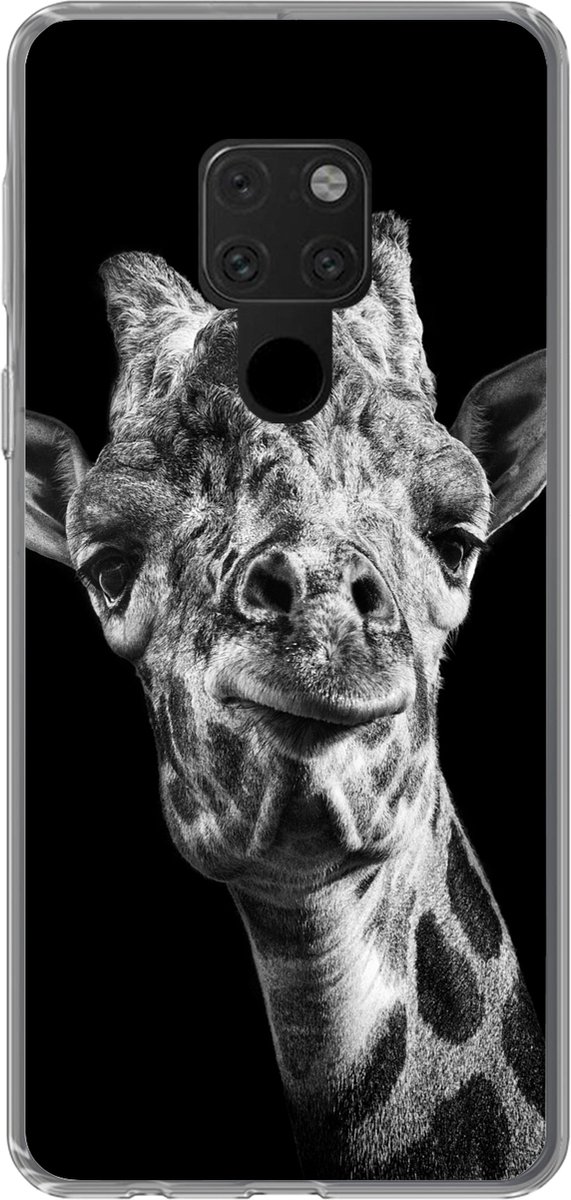 Geschikt voor Huawei P40 Lite hoesje - Giraffe tegen zwarte achtergrond in zwart-wit - Siliconen Telefoonhoesje
