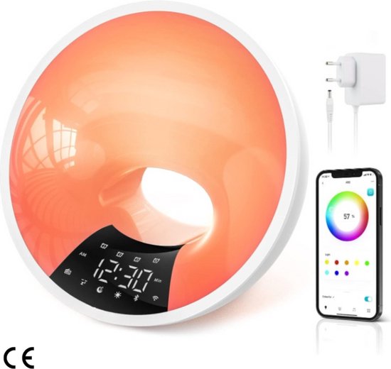 Smart Wake Up Light - Lichtwekker met Zonsopgangsimulatie, Bluetooth Speaker, APP Bediening, 4 Wekker, Snooze, 16 Miljoen Kleuren Nachtlampje, 7 Natuurlijke Tonen, Dimbaar, USB Aansluiting, Radio - Wit