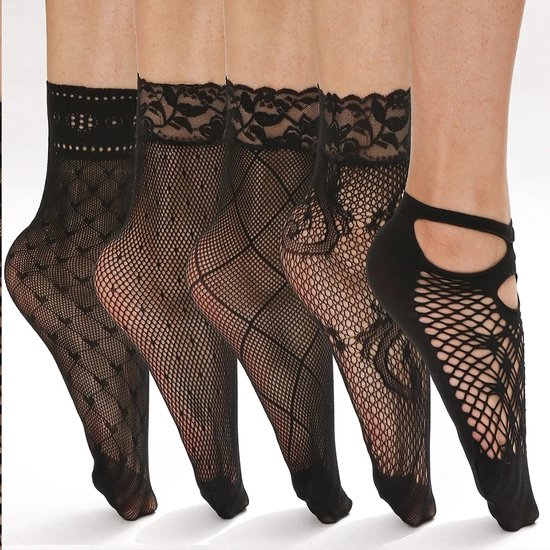 5 Paren vintage kanten damesokken zomer mesh elastische transparante enkelsokken lolita dames veelzijdige visnet zwarte sokken