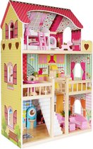 Boppi - groot houten poppenhuis - 3 verdiepingen - 17 speelmeubel accessoires - grote trap (90cm)