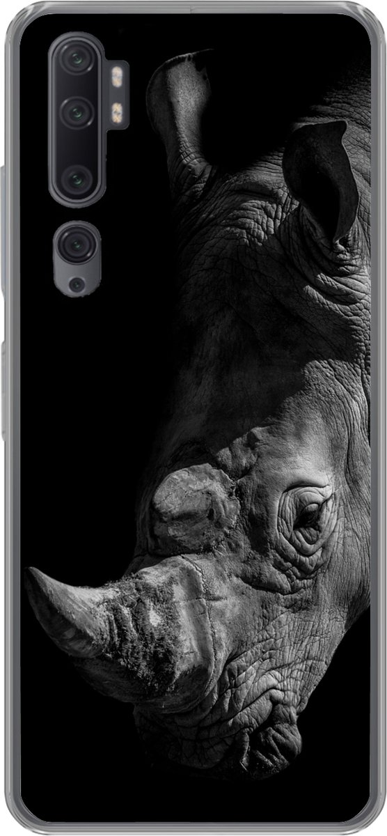Telefoonhoesje Geschikt voor Xiaomi Mi Note 10 hoesje - Close-up neushoorn op zwarte achtergrond in zwart-wit - Siliconen Telefoonhoesje Telefoonhoesje