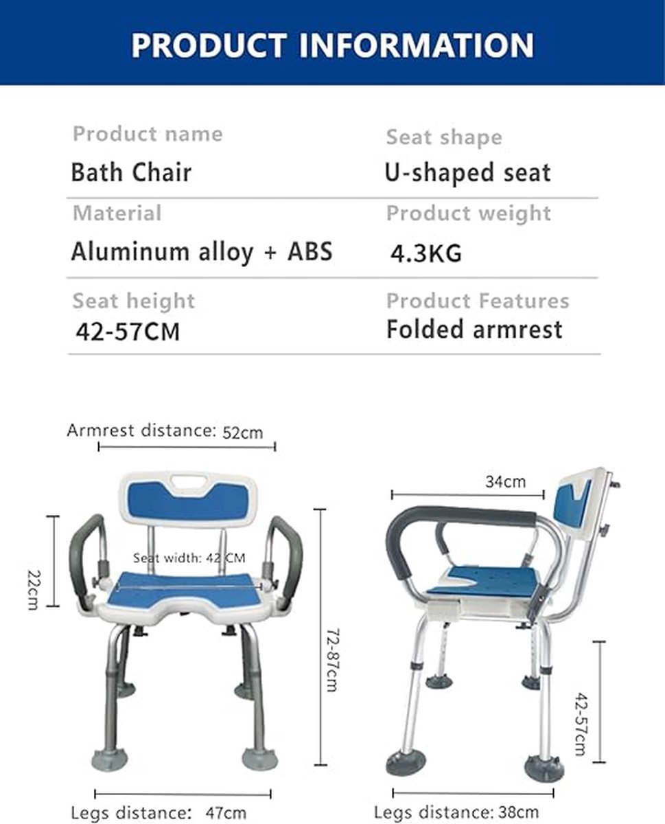 Douchestoel met armleuningen, afneembaar, douchekruk voor senioren, 150