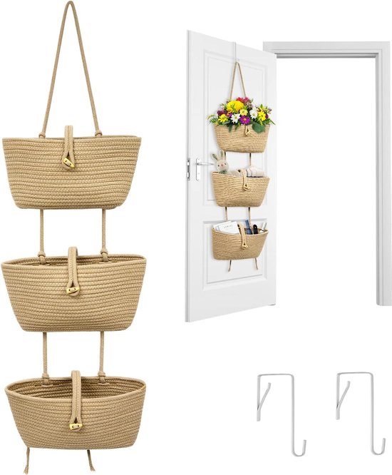 Hangorganizer, wandorganizer van de deur, 3 etages, katoenen touw, geweven hangende fruitmand met 2 haken, hangende opbergtas, groentemand, boho-decoratie voor muur, woonkamer en slaapkamer (geel)