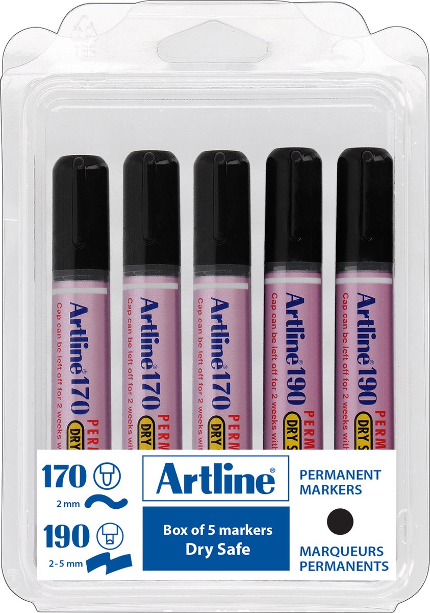 ARTLINE Drysafe 170/190 Markers Kit - 5 Stiften - 2-5mm Lijndikte - Zwart