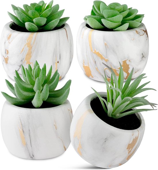 [Set van 4 kunstplanten met keramische pot - met mooie marmerlook - kunstplanten perfecte decoratie - kamerplanten - modern en tijdloos design