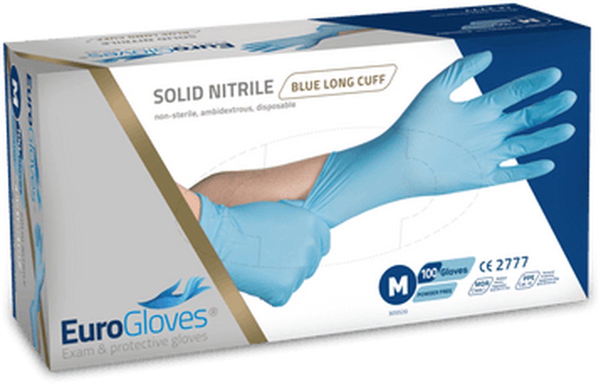 Goedkoopste Voordeelverpakking handschoenen 2 x Eurogloves solid-nitrile 300mm poedervrij blauw - Medium 100 stuks