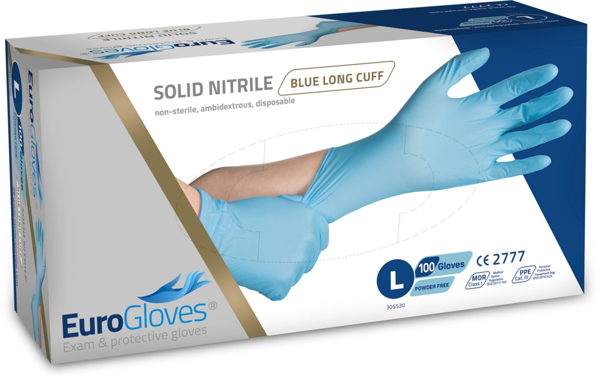Goedkoopste Voordeelverpakking handschoenen 4 x Eurogloves solid-nitrile 300mm poedervrij blauw - Large 100 stuks