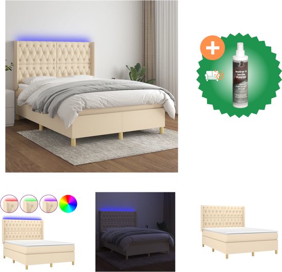 vidaXL Boxspring met matras en LED stof crèmekleurig 140x190 cm - Bed - Inclusief Reiniger