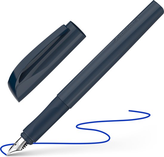Stylo plume bleu foncé Schneider Xpect avec capuchon ouvert et trait d'encre bleu.