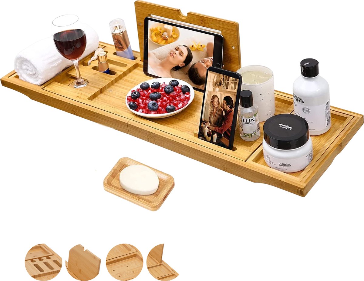 Badkuiprek van kunststof, verstelbare badkuipplank, badkuipplank voor de meeste badmaten, badkameraccessoires, ruimte voor handdoeken, wijnglazen en boeken