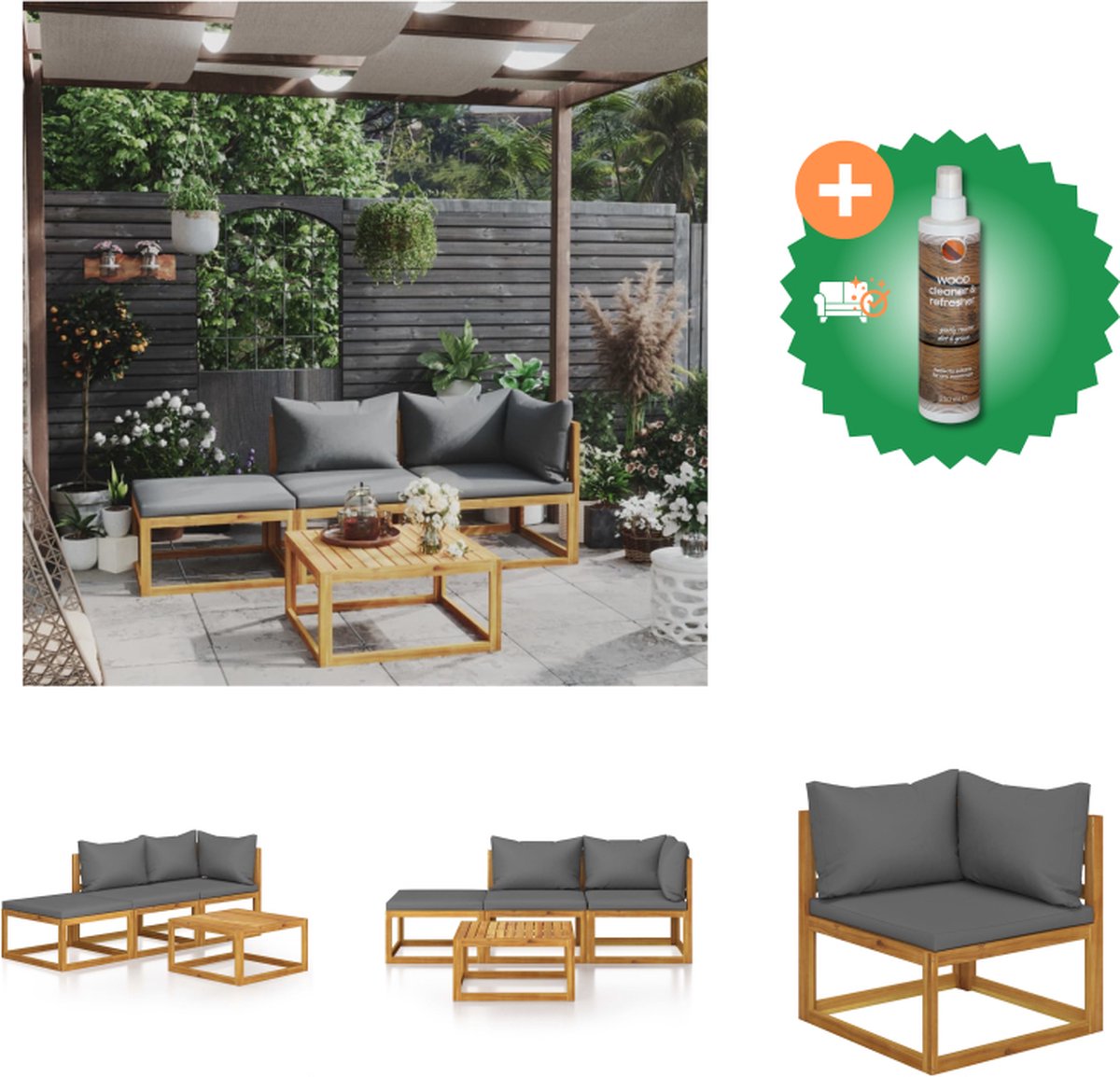 VidaXL Loungeset Acaciahout Zitkussens Donkergrijs 5-delig Tuinset Inclusief Houtreiniger en verfrisser