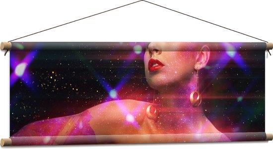 Textielposter - Vrouw - Lichten - Kleuren - Glitter - Make-Up - - 90x30 cm Foto op Textiel