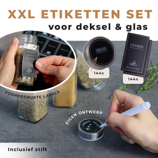 Set van 144 grote blanco etiketten voor glazen en deksels van kruidenpotjes, plus een pen.