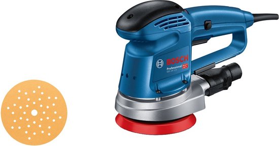 Blauwe Bosch excenterschuurmachine met schijf naast het apparaat.