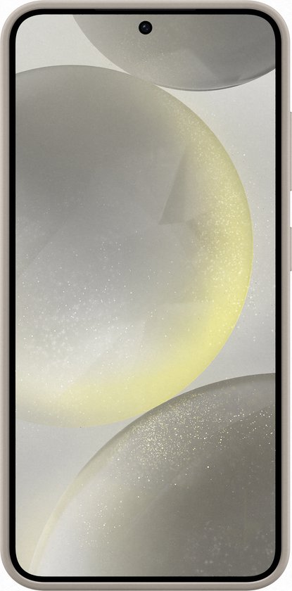 Smartphone in een beige hoesje met een abstracte achtergrond op het scherm.