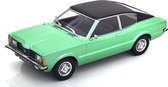 Het 1:18 gegoten model van de Ford Taunus GT Coupé uit 1971 in groen metallic met zwart dak. De fabrikant van het schaalmodel is KK Models. Dit model is alleen online verkrijgbaar