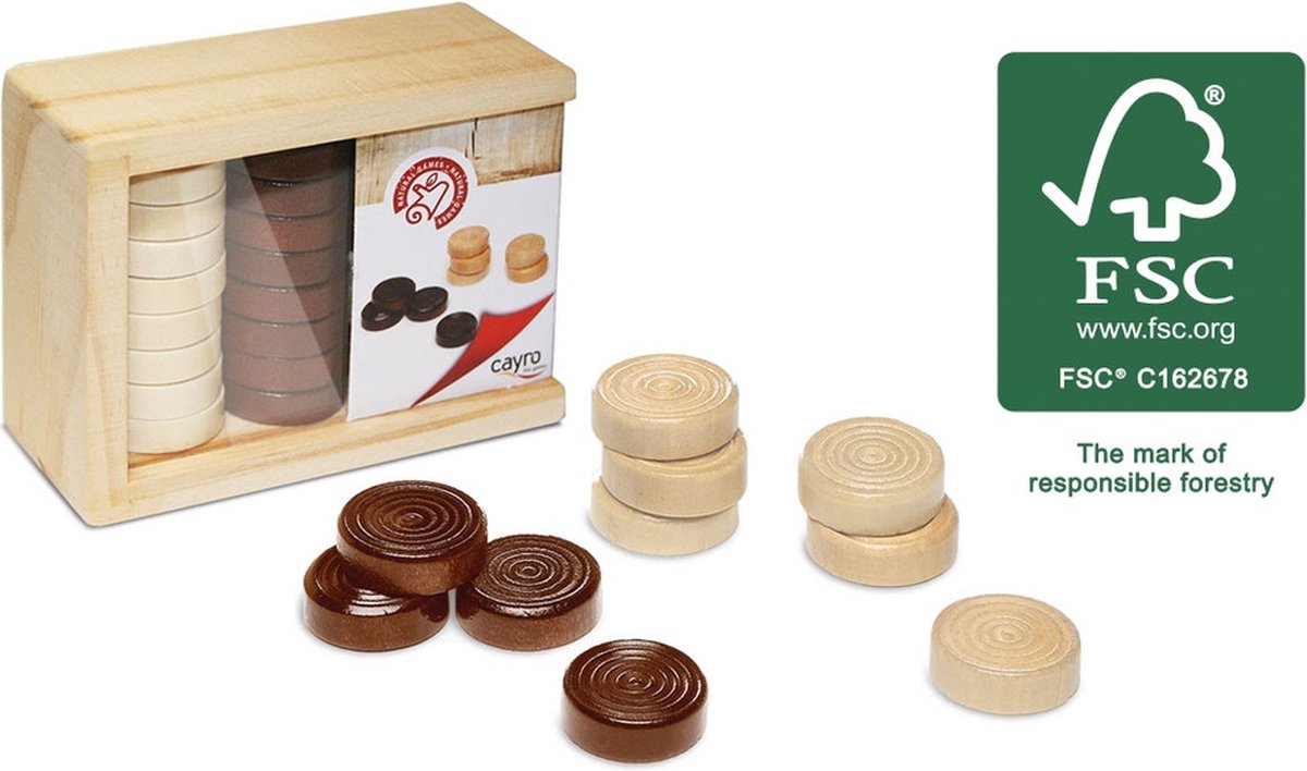 Cayro Damschijven van Hout - Set van 24 Fiches in Twee Kleuren - Diameter 2,5 cm - Inclusief Houten Bewaardoos - Reserveonderdeel voor Damspel - Vanaf 6 Jaar - Cayro Collection