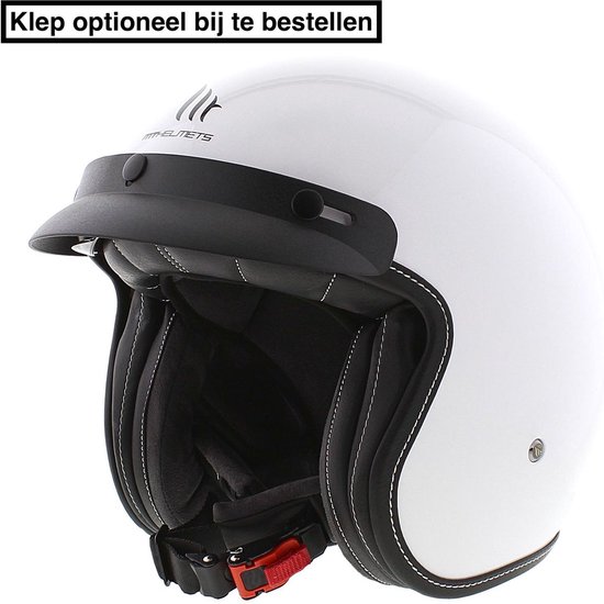 Witte MT Le Mans II helm met vizier, donker getinte klep optioneel bij te bestellen, zwarte randafwerking met witte stiksels.