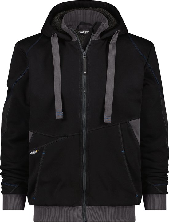 Zwarte DASSY sweatshirtjas met capuchon, grijze panelen en kobaltblauwe stiksels.