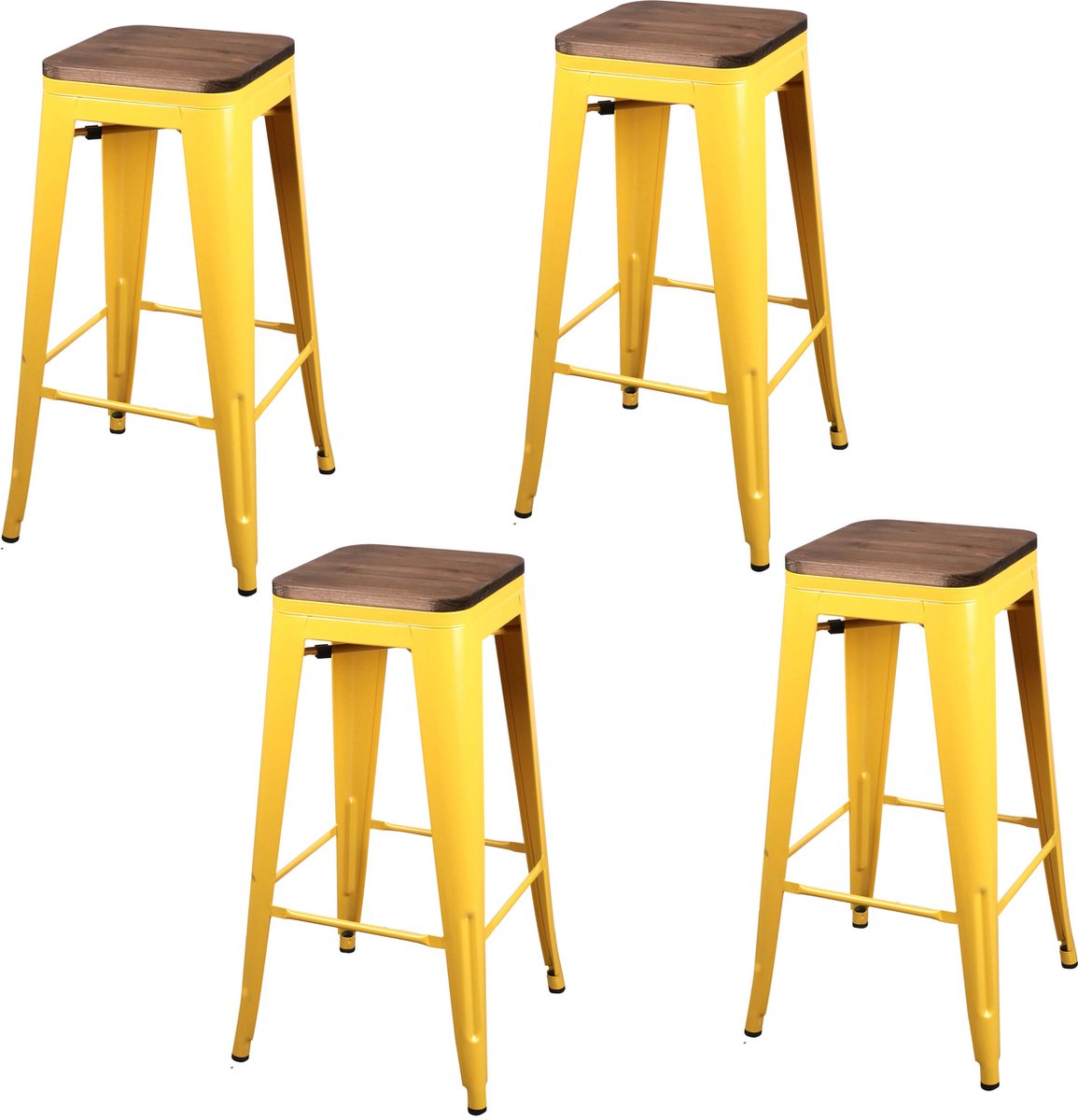 Urban Living METALEN BARKRUK x 4 MAT GEEL HOUTEN ZITTING 42,5X42,5X77CM yellow