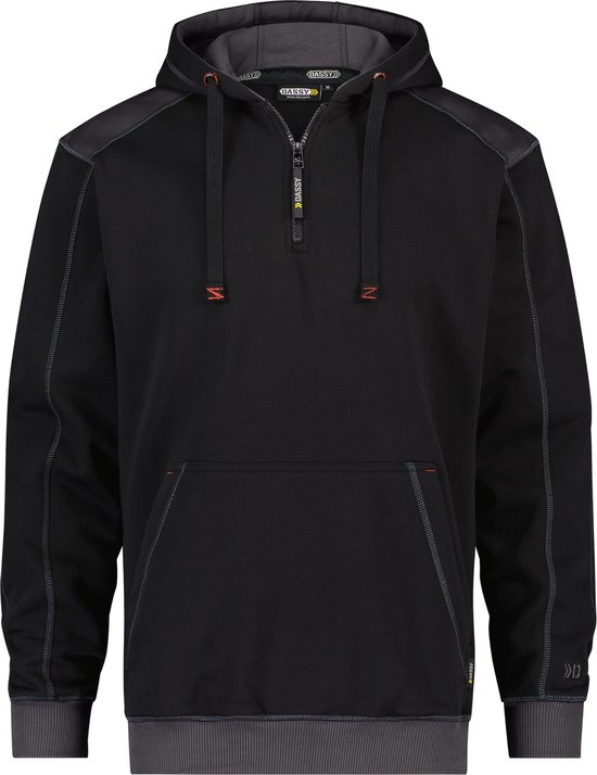Zwarte DASSY sweater met rits, kangoeroezak en donkergrijze details.