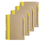 Notitie/opschrijf boekje met balpen - 4x - harde kaft - beige/geel - 18x13cm - 60blz gelinieerd - blocnotes