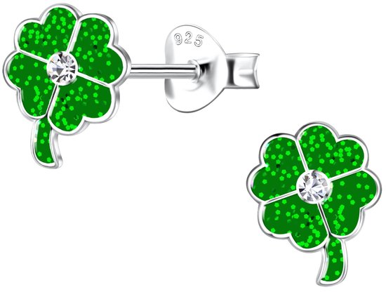 Joy|S - Zilveren klaver oorbellen - 6 x 8 mm - groen met glitter - klavertje vier oorknoppen - kristal - kinderoorbellen