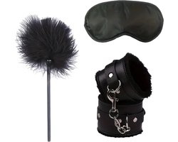 LekkerStout Bondage Beginners Set - Handboeien, Blinddoek, Kietelveren - Zwart - BDSM Toys | ( LS121 )