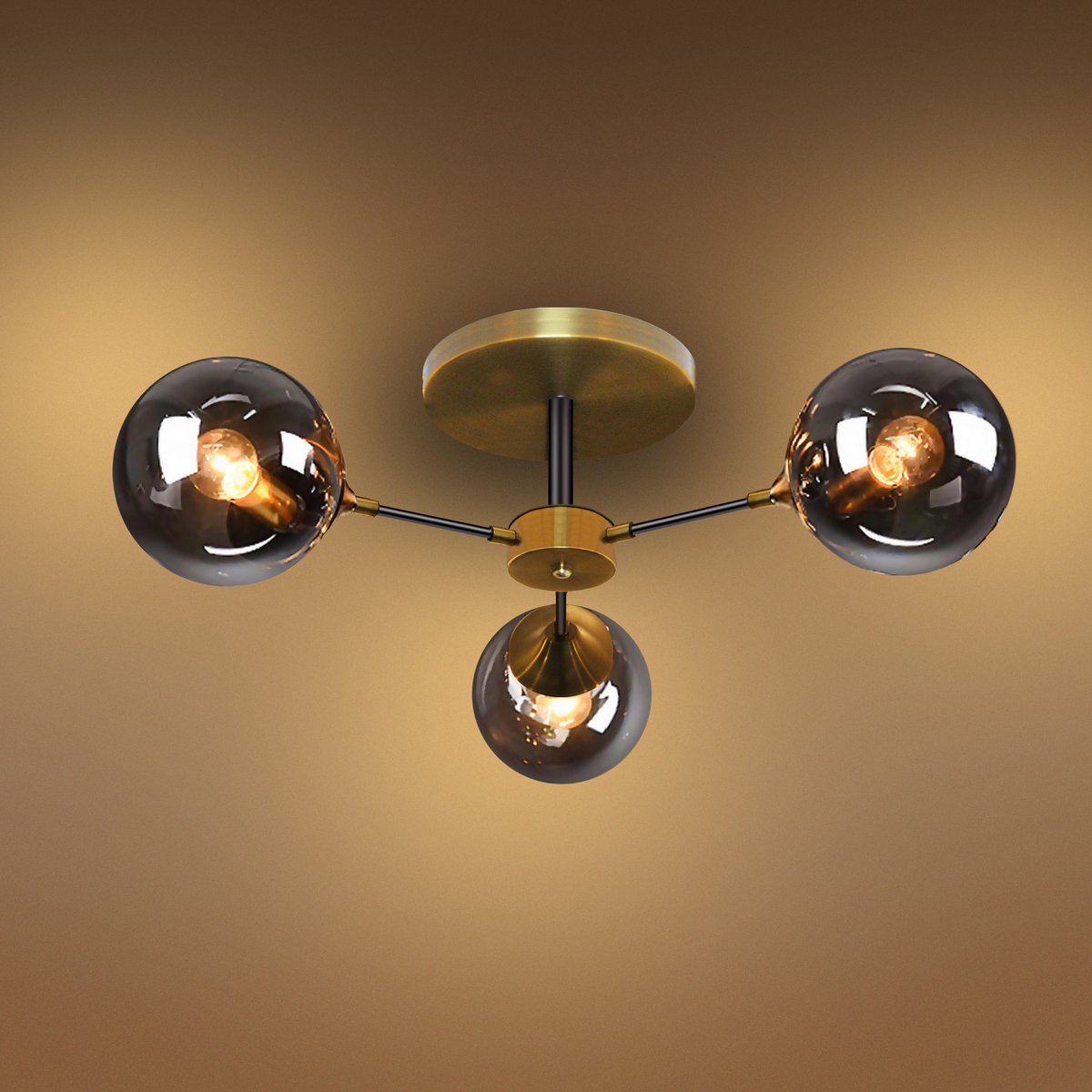 Plafondlamp Industrieel Zwart - Plafoniere Zwart - Plafondlampen Plafondlamp Glas Koper Smoke Glas Rookglas 3 bollen