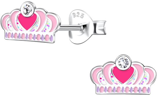 Joy|S - Zilveren kroontje oorbellen - 8 x 5 mm - roze met roze hartje en glittertjes - prinses oorknoppen - kinderoorbellen