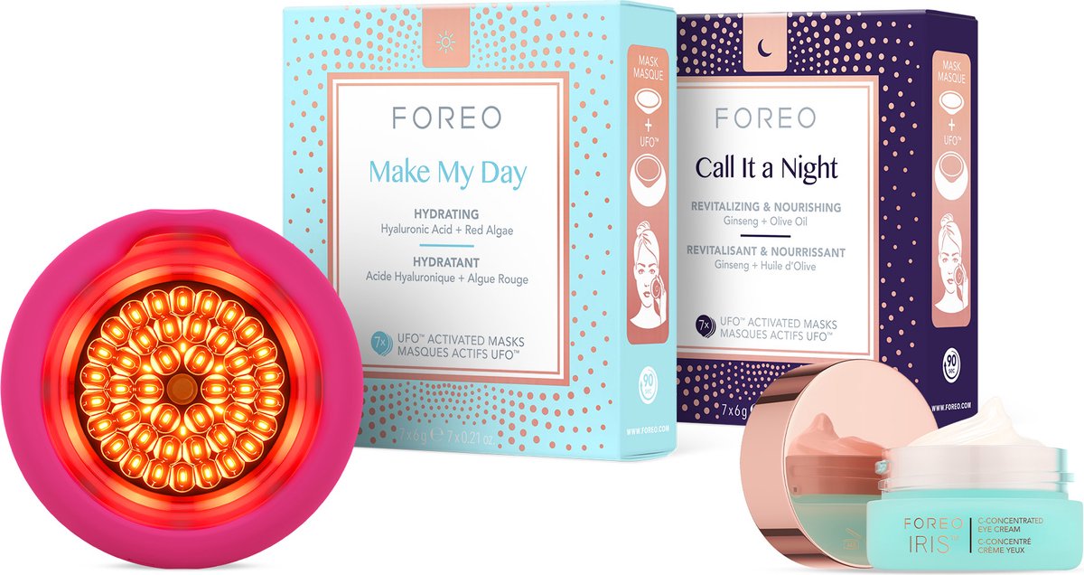 FOREO Hydraterende UFO 3 LED Set - Gezichtsmasker Huidverzorgingsapparaat + 14 UFO Geactiveerde Maskers + IRIS C-Concentrated Oogcrème 15 ml - Moisturiser - Volspectrum LED, NIR & Rode Lichttherapie