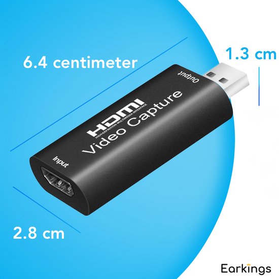 Zwarte HDMI-videokaart. Afmetingen 6.4 cm x 2.8 cm x 1.3 cm. Tekst: HDMI Video Capture.