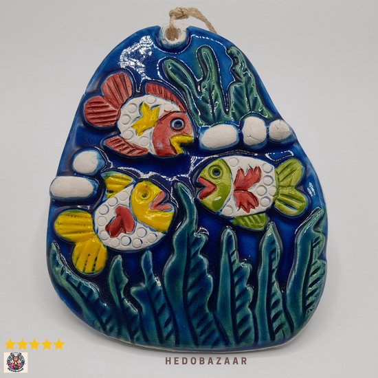 Happy Fish, 100% handgemaakt keramiek, 19x17cm, 400g - Oceaanblauw en bijpassende kleuren, Ideaal cadeau en wanddecoratie