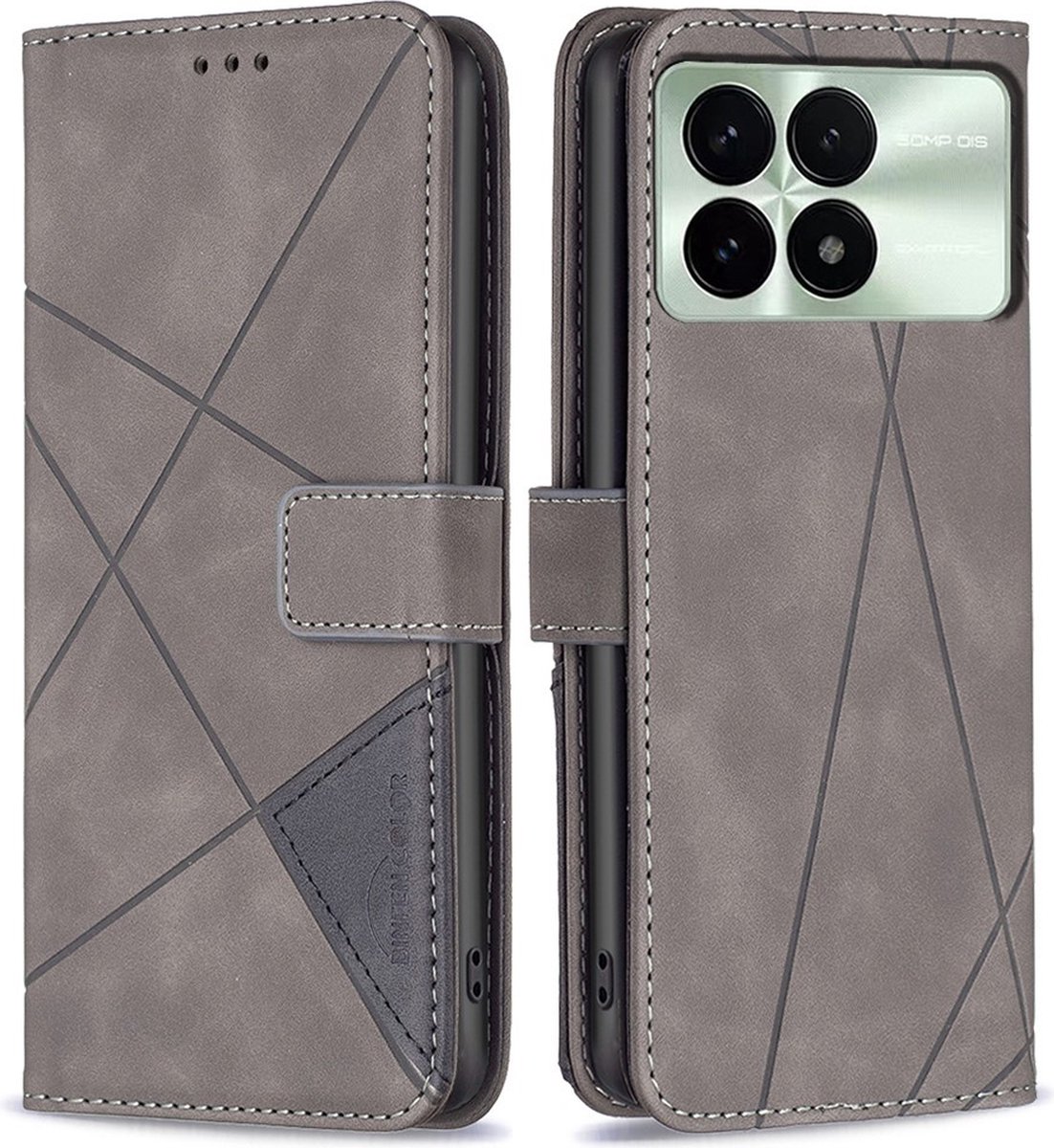 BINFEN Geometric Book Case - Geschikt voor Xiaomi Poco X6 Pro 5G Hoesje - Grijs