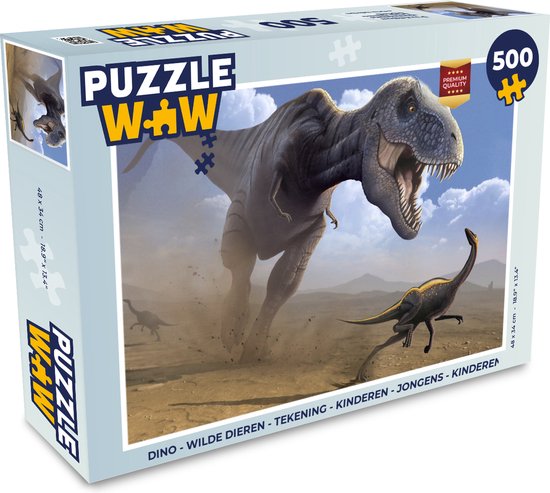 Boîte de puzzle avec un Tyrannosaure Rex chassant un Brachiosaure. 500 pièces, 48x34cm.