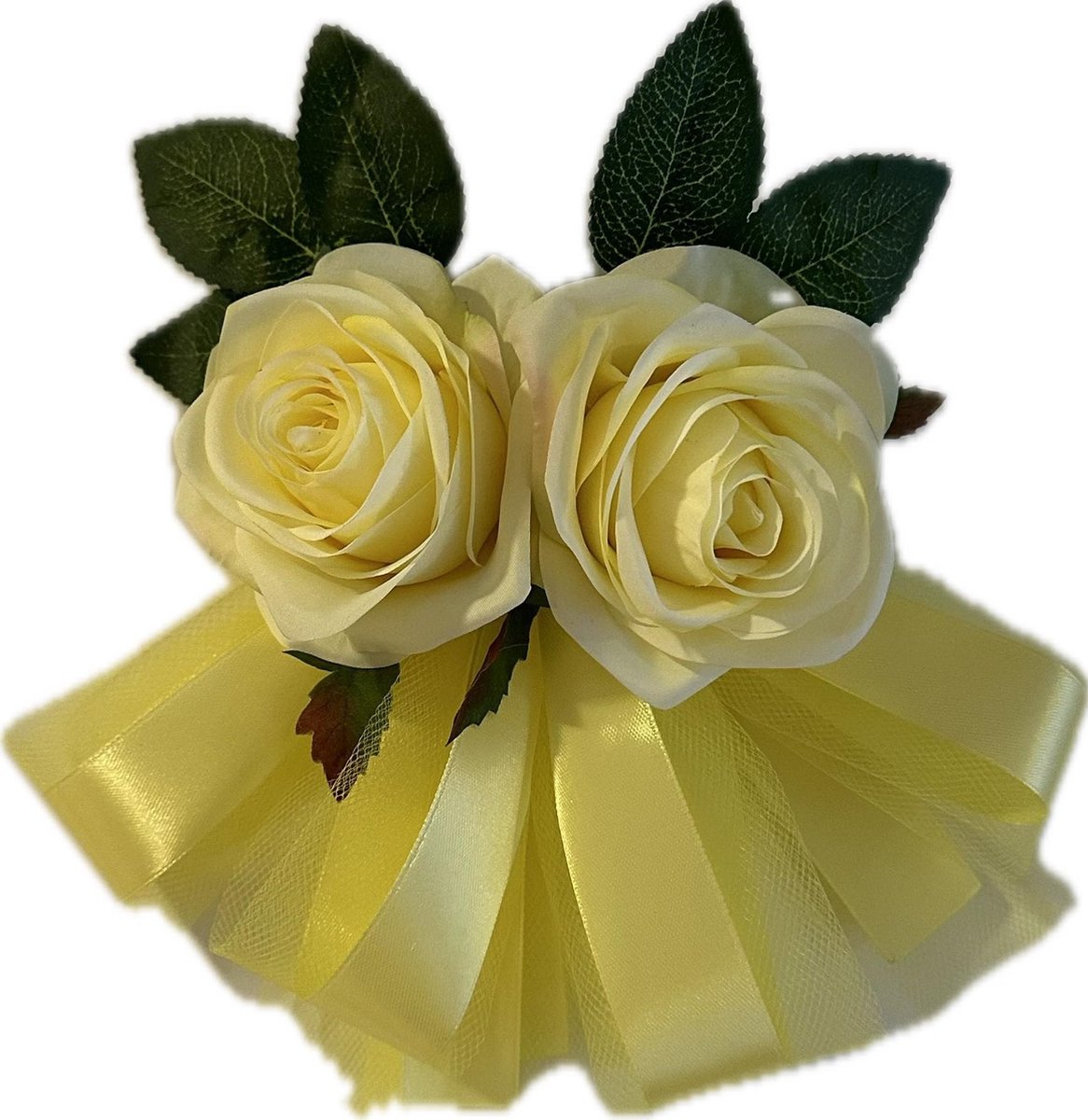 autodeco.nl LINA GEEL Handvatten Decoratie 4 stuks- Trouwauto Versiering - Gele Rozen met Linten en Tule - Bloemen voor op de Handvatten - Versiering Handvat Auto - Autoversiering voor Volgauto's