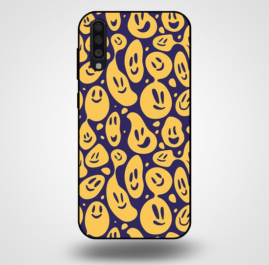 Smartphonica Phone Case pour Samsung Galaxy A70 avec imprimé smiley - Coque arrière en TPU Emoji Design - Violet Jaune / Back Cover adapté pour Samsung Galaxy A70