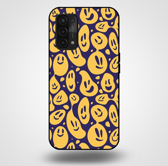 Smartphonica Coque de téléphone pour OPPO A54 5G avec imprimé smiley - Coque arrière en TPU design emoji - Violet Jaune / Coque arrière adaptée pour Oppo A54 5G