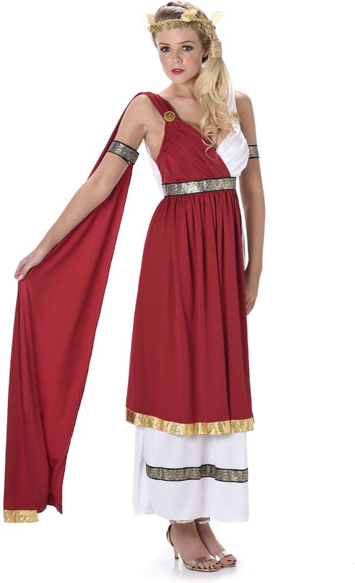 Karnival Costumes Verkleedkleding Kostuum Romeinse Keizerin voor vrouwen Romeins Kostuum Carnavalskleding Dames Carnaval - Polyester - Rood/Wit - Maat S - 3-Delig Jurk/Armband/Hoofdband