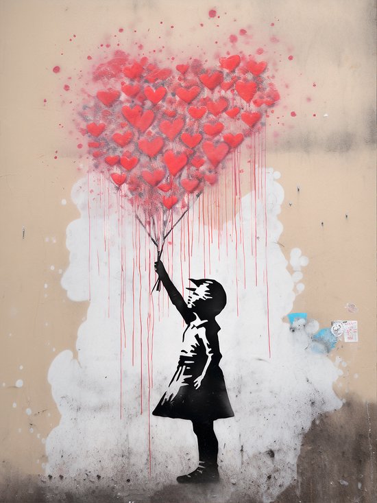 Toile Fille avec Balloon de Harts - Toile Graffiti Street Art Banksy - Taille - 60x90cm