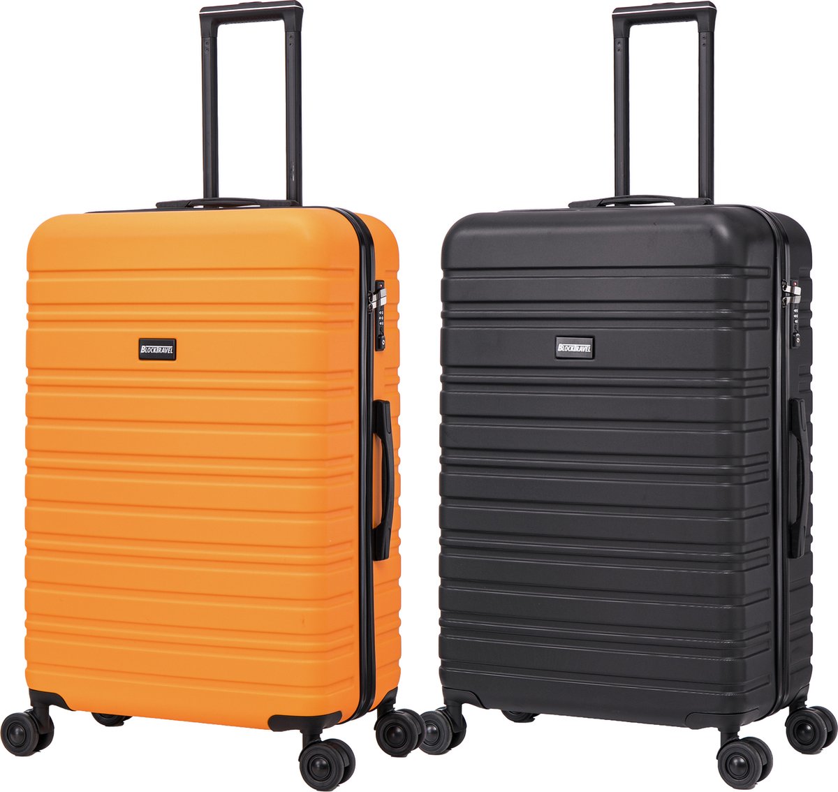 BlockTravel kofferset 2 delig ABS ruimbagage met dubbele wielen 95 liter - inbouw TSA slot - zwart - oranje